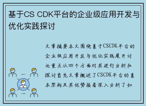 基于CS CDK平台的企业级应用开发与优化实践探讨